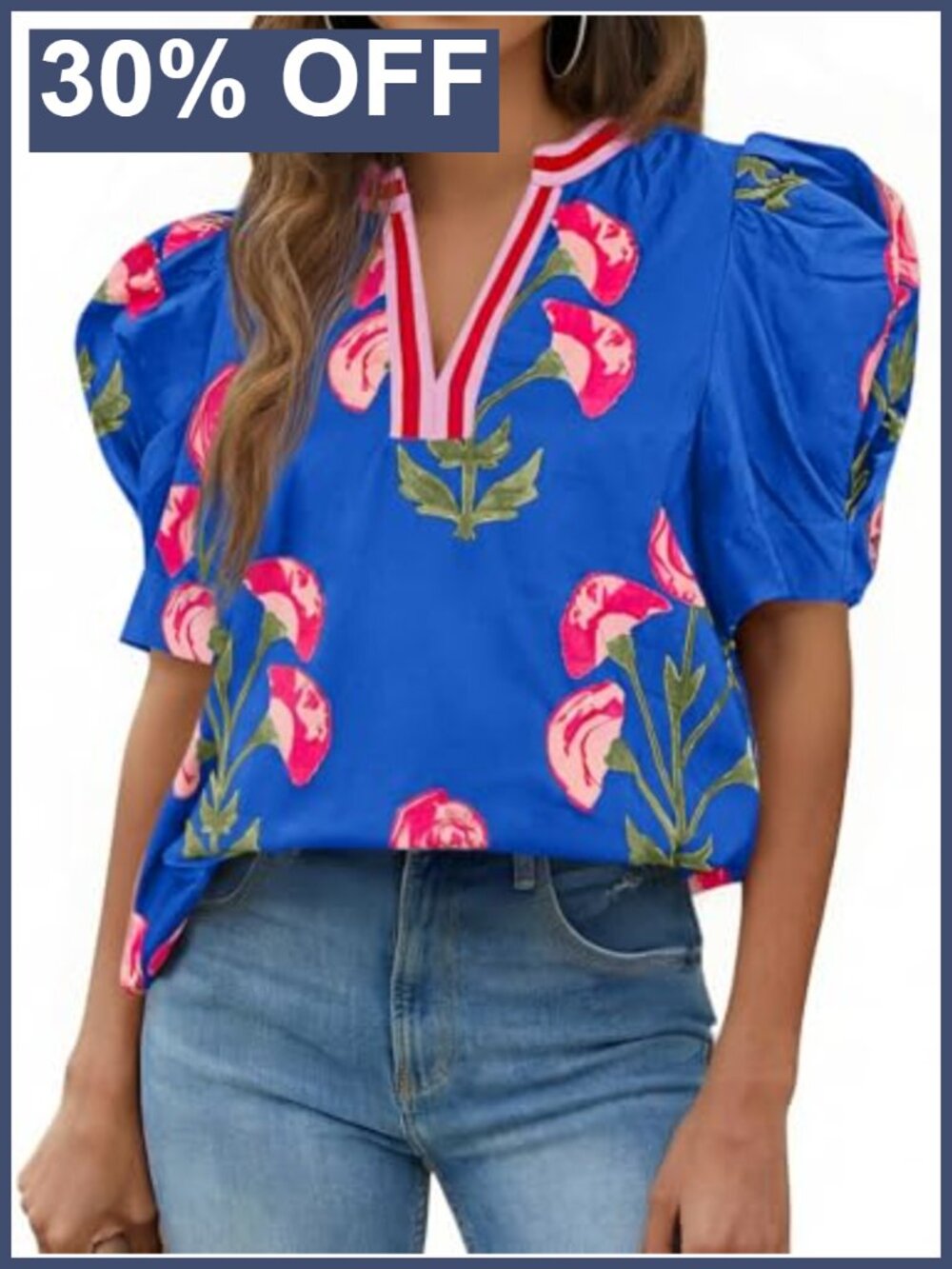 Womens Puff Sleeve Floral Blouse V-Neck Ruffle Casual Dressy Top